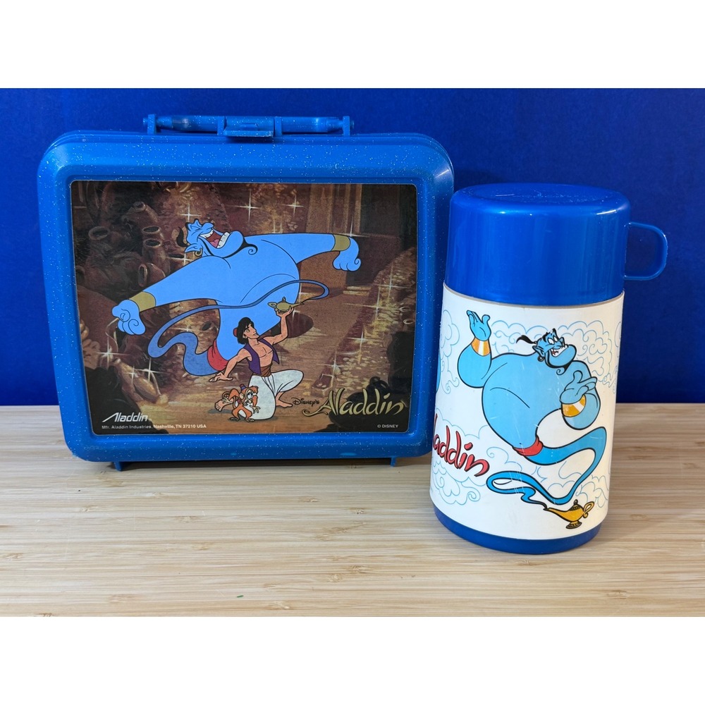 Vintage 1992 Disney Aladdin Blue Plastic Lunch Box with Thermos Aladdin